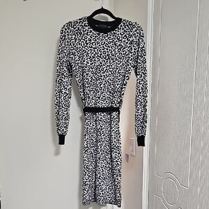 Ann Taylor Animal Print Belted Sweater Dress Black/White XS